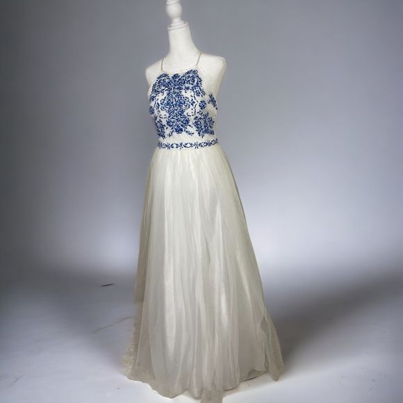 Juniors Speechless Formal Prom Dress White & Blue Halter Top Sz 7 Floor Length - Picture 1 of 9
